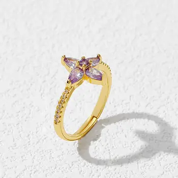Otwarte pierścień w kształcie fioletowy kwiat - Prawdziwe Złote pokrycie, Trwałe, Nie powodujące alergii Regulowane Pierścienie