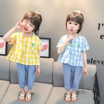 Koreański Stylowy Zestaw odzieży dziecięcej, Flanelowe Koszule z krótkim rękawem dla dziewczynki, Bluzki + Spodnie, 2 przedmiotu, Letnia Casual odzież dziecięca 2021 roku, od 1 do 6 lat