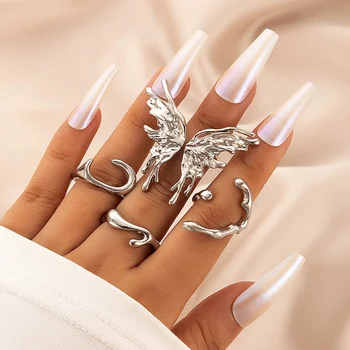 Punk Kolor Srebrny Płyn Pierścienie Z Motylami Zestaw Dla Kobiet Modne Nieregularne Faliste Metalowe Pierścienie Z Kłykcie Estetyczne Egirl Gothic Biżuteria